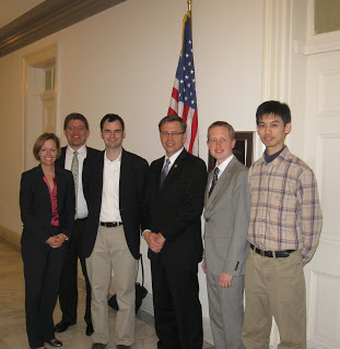 From Left: Laura Kolton (OSA Public Policy Team), Greg Quarles (President of B.E. Meyers Electro Optics), James van Howe (Assistant Professor, Augustana College), Representative Bobby Schilling (IL), Adam Zysk (research associate IIT, Chicago), Hong-Jhang Syu (Research Assistant, National Taiwan University)
