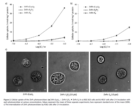 Plots showing enhanced cellular uptake of the photosensitizer ZnPc-(Lys) compared with other sensitizers, and corresponding images of cells