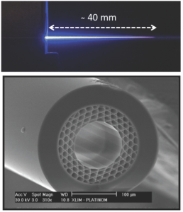 Top: Microplasma ignition in an argon-filled kagome-latticed hollow-core photonic crystal fiber. Bottom: scanning electron  micrograph of fiber facet, from B. Dabord et al, CLEO 2013  talk, CTu3K.6, "Microconfinement of microwave plasma in  photonic structures." Microplasmas show promise for  applications requiring small confinement of short-wavelength  visible or UV light such as photolithography or compact UV laser emission sources.