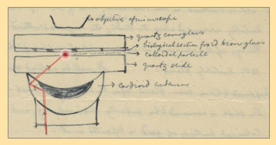 Sketch of Edward Synge's proposed near-field microscope. The red dot denotes the gold nanoparticle.