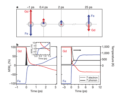 Figure 2. The evolution of the overall magnetic moment after the sample is hit by an ultrafast laser pulse. As can be seen from the diagram (inset of (b)), Fe demagnetizes faster than Gd. The difference in demagnetization rate makes the reversal of the magnetization possible by an ultrafast laser pulse. Courtesy of I. Radu, et al., Nature 472 205 (2011).