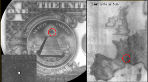 Demonstration of ChemCam’s shooting accuracy and micro imager resoltion at 3 m standoff after ablating holes in U.S. and European currency respectively. The inset (lower left) shows the difference image. Image from poster “Progress on Calibration of the ChemCam LIBS Instrument on the Mars Science Laboratory Rover,” by principle investigator R.C. Weins, 2010.